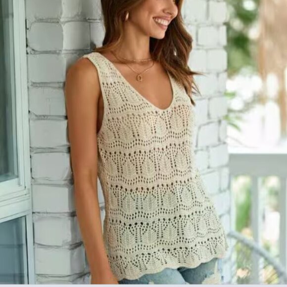 Pointelle Crocheted V Neck Scalloped Hem Tank Sweater, Ivory Cream, Size Large - Picture 1 of 10